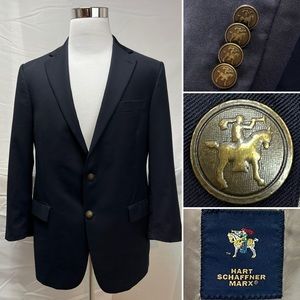 Hart Schaffner Marx Navy Gold/Bronze 2-Button 43R Blazer Jacket Vintage Coat